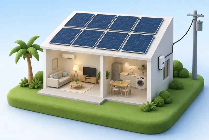Ilustración de una casa con paneles solares de día