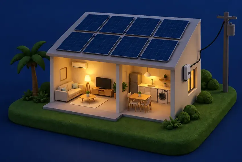 Ilustración de una casa con paneles solares de noche, con la luz encendida